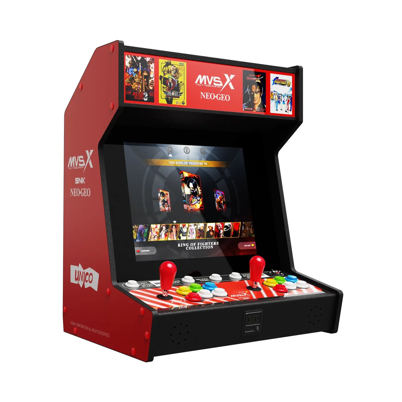 SNK MVSX 桌面主機斜向視圖，可見側板與雙人控制台