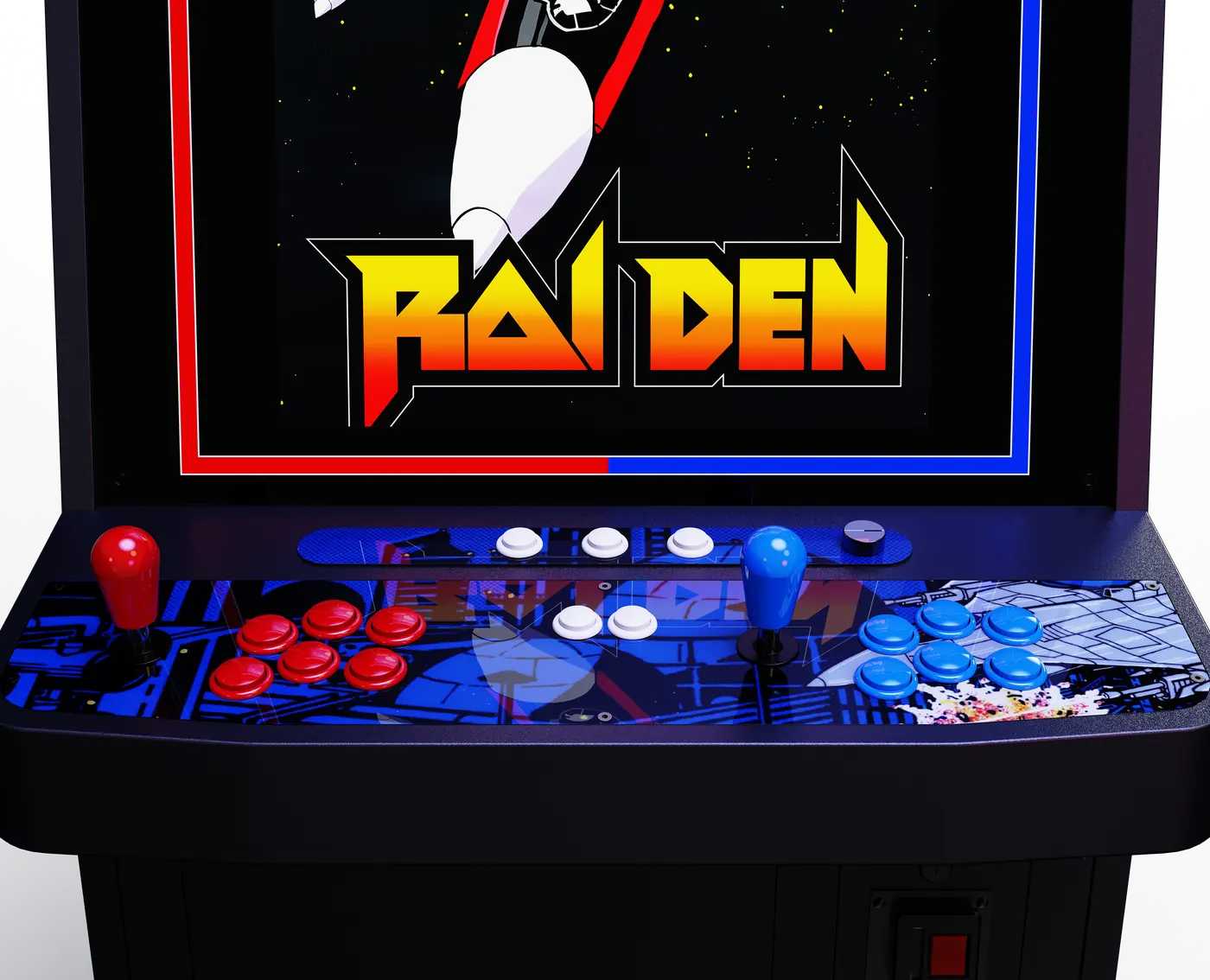 Nova Blast U3 Raiden 控制台特寫，紅藍搖桿與六鍵